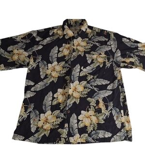 Seven Palm Mens M Hawaiian Silk Shirt Hibiscus black yellow Floral Button Up